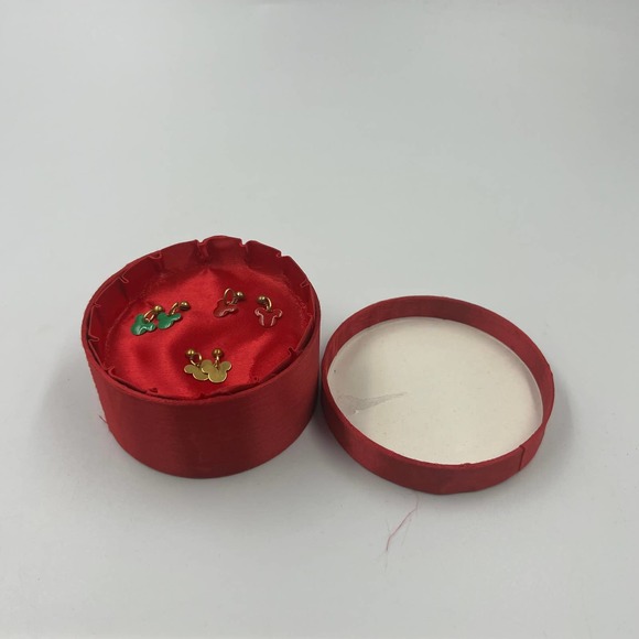 Vintage Disney Co Mickey Mouse 3 Set Red Green Gold Dangle Stud Earrings W Box - Picture 4 of 7